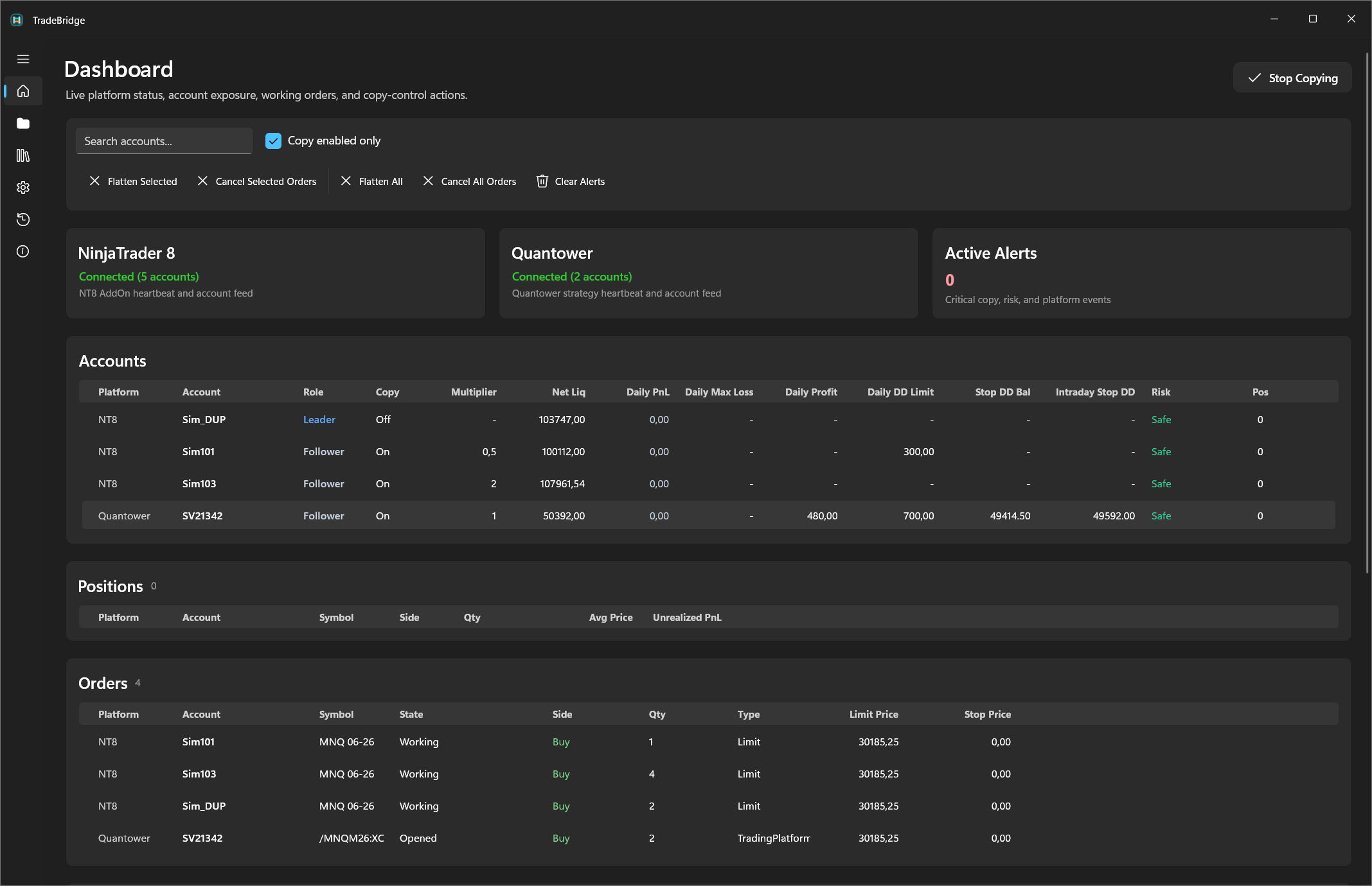 TradeBridge Control Center Dashboard