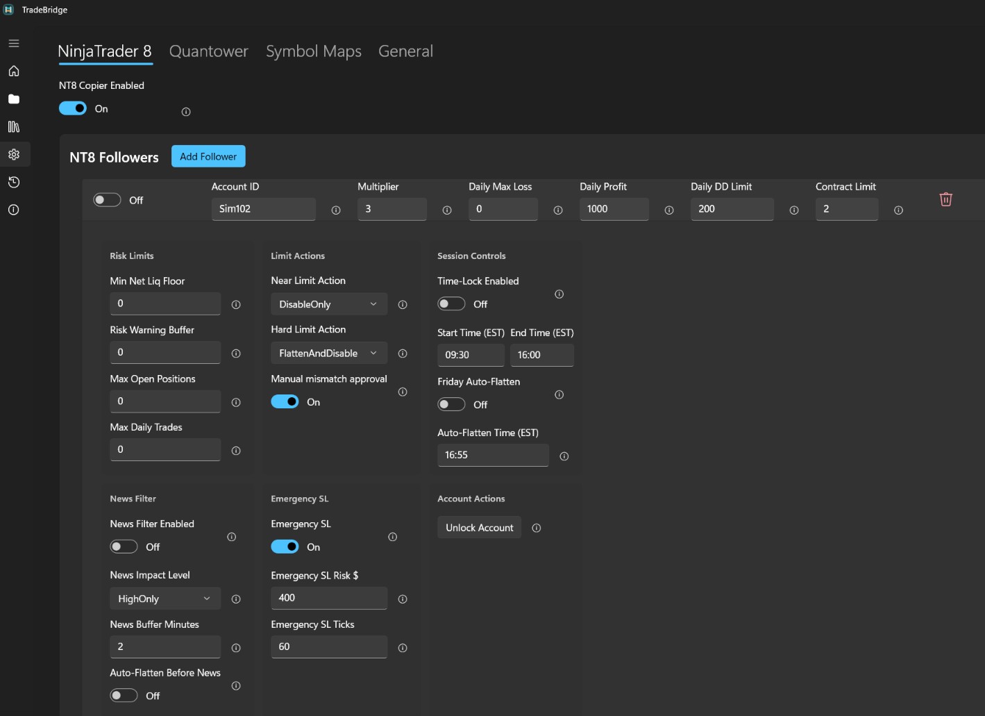 TradeBridge Follower Account Settings