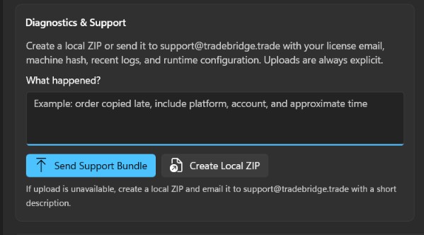 TradeBridge Support Diagnostic Bundles